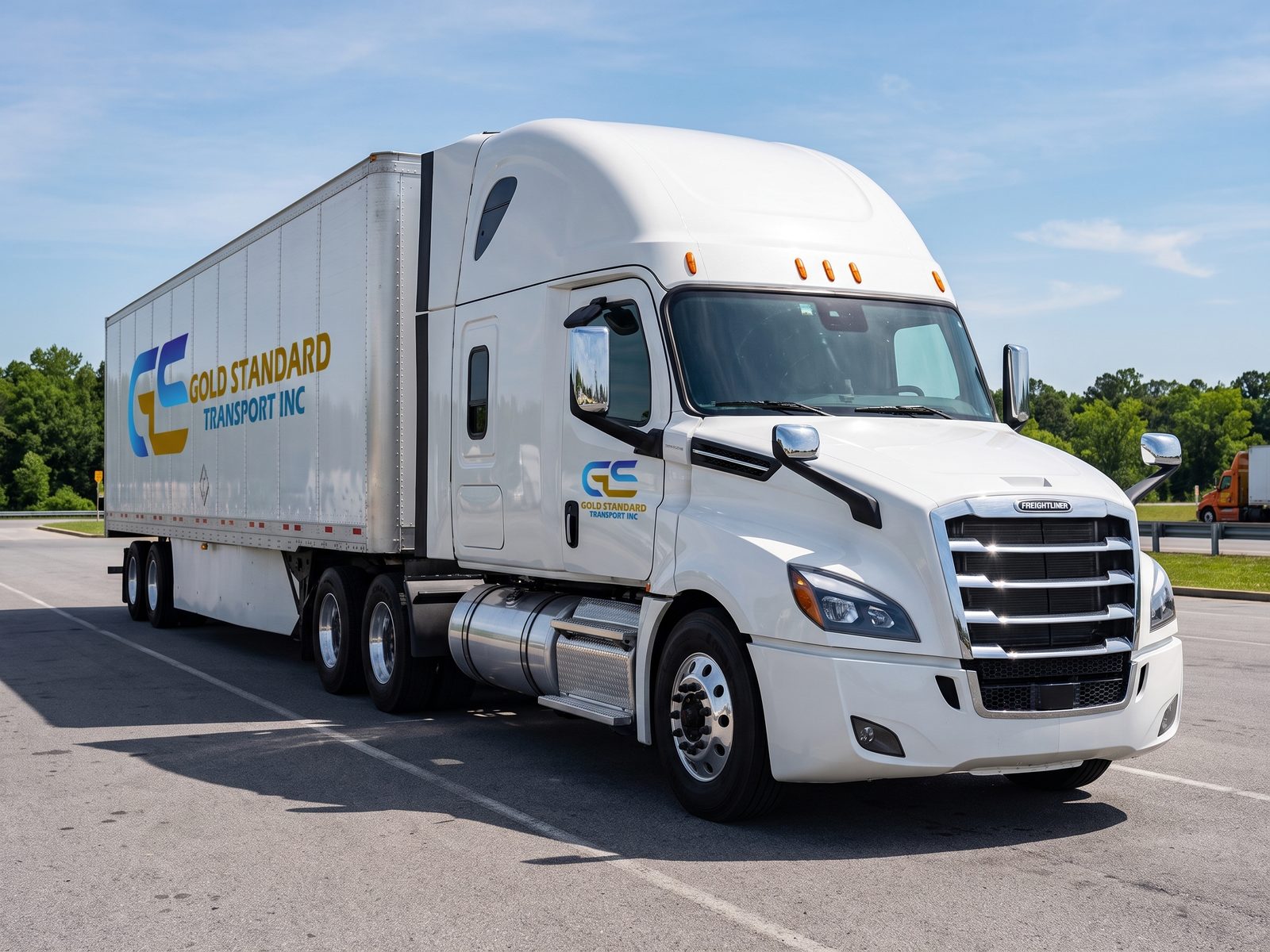 Gold Standard Transport white Freightliner Cascadia sleeper truck with a 53-foot dry van trailer