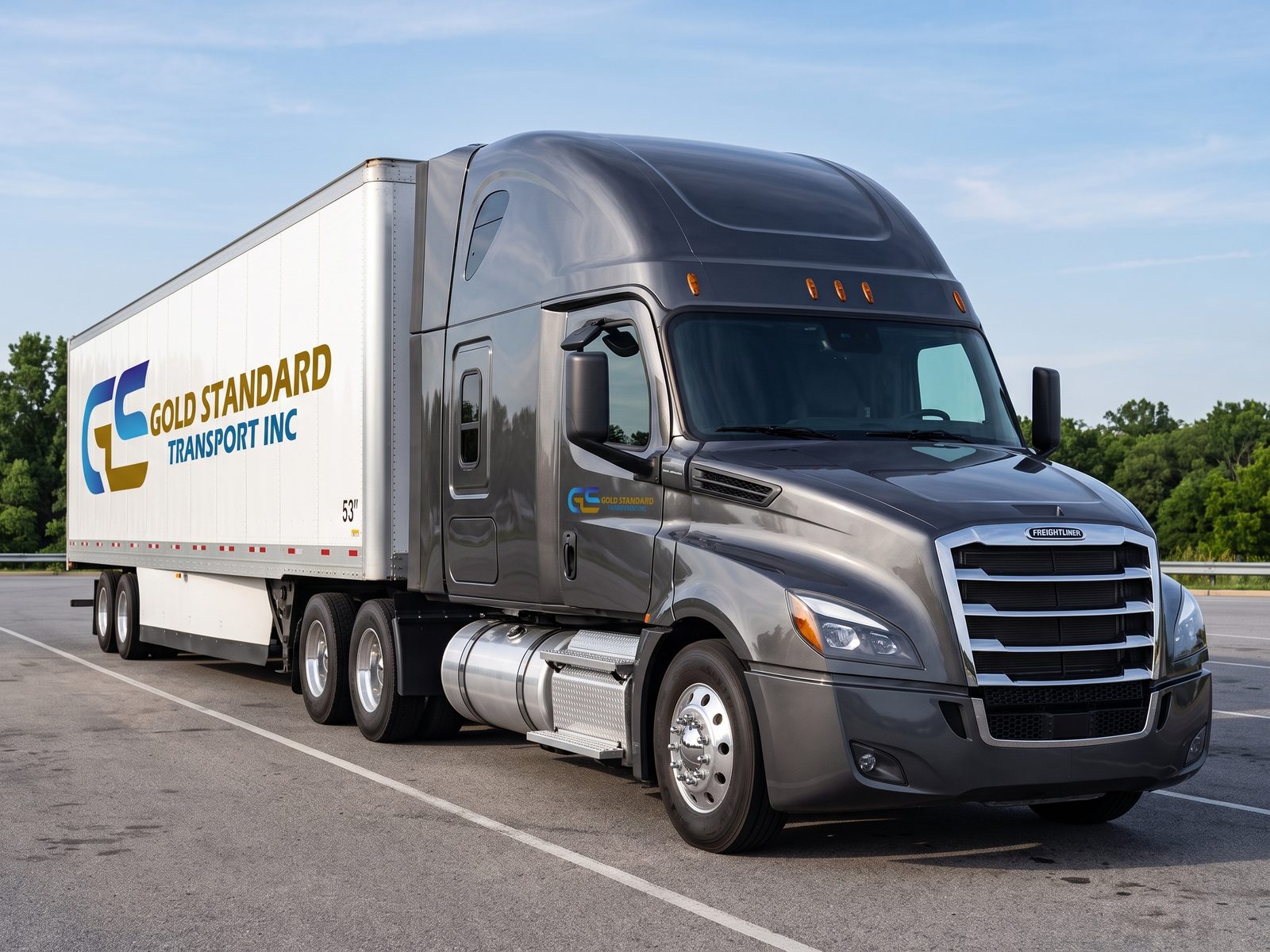 Gold Standard Transport dark gray Freightliner Cascadia sleeper truck with a 53-foot dry van trailer