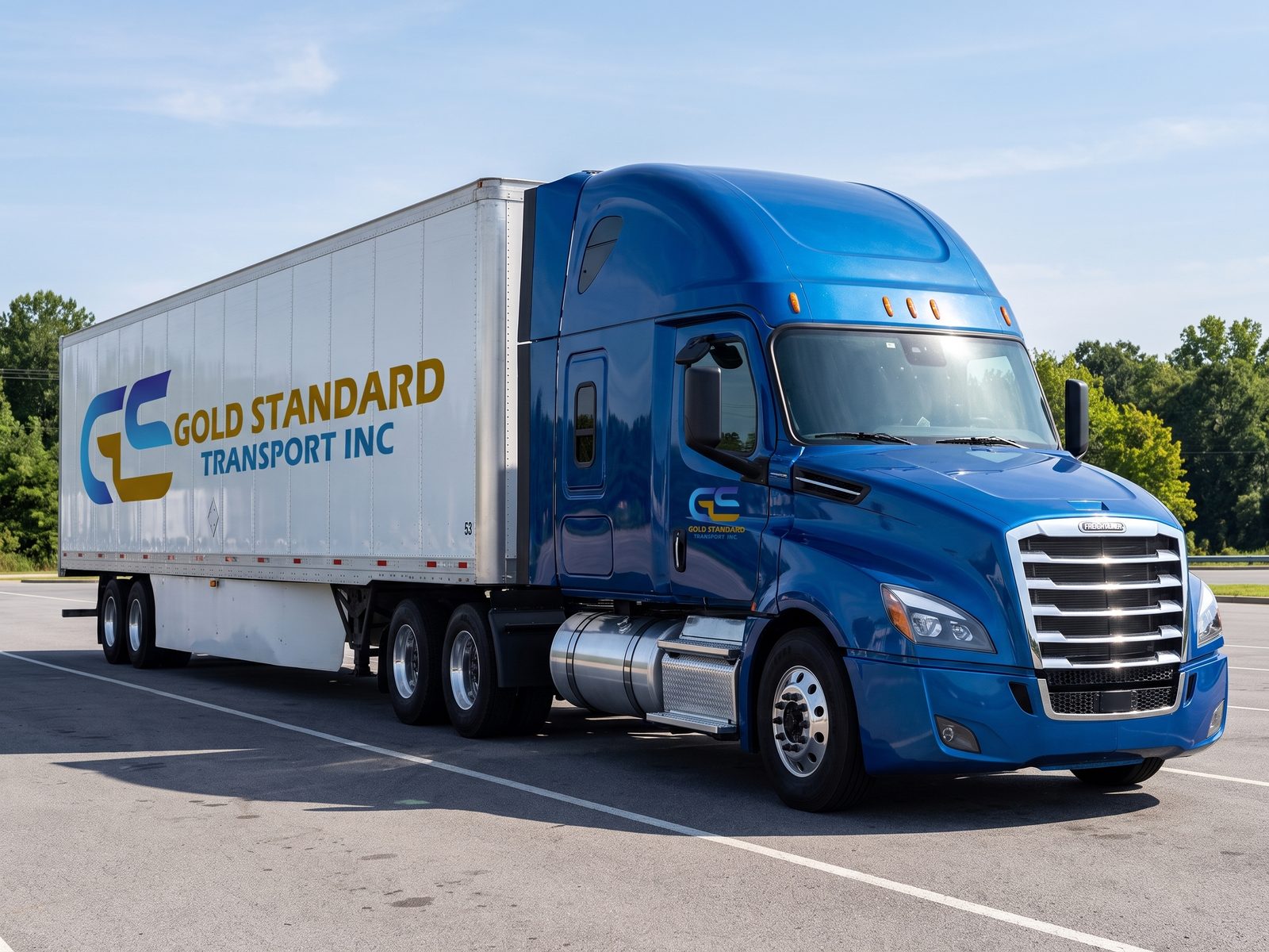 Gold Standard Transport blue Freightliner Cascadia sleeper truck with a 53-foot dry van trailer